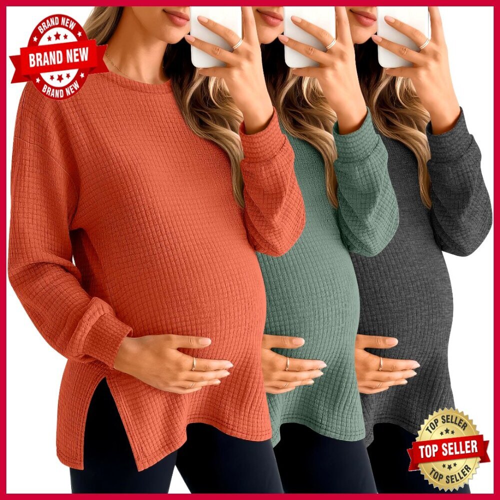 Maternity Waffle Knit Long Sleeve Tops Oversized Side Split Fall Tees